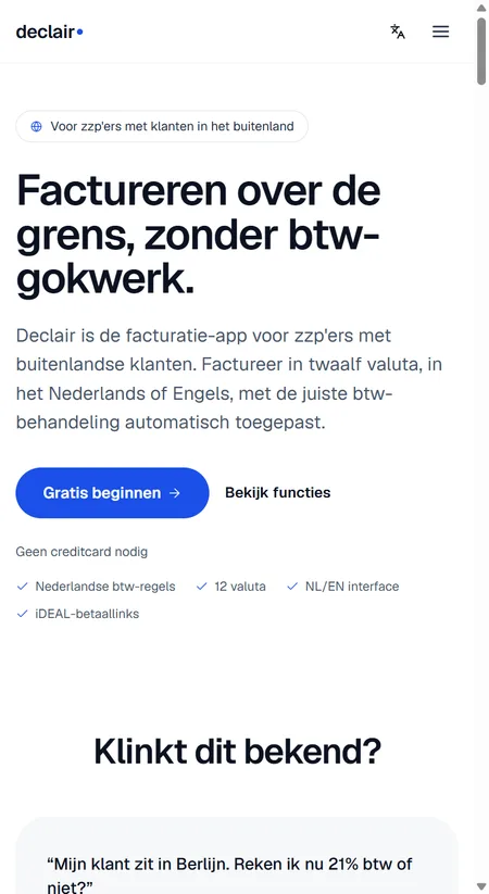 Declair: de homepage met de kop Factureren over de grens, zonder btw-gokwerk