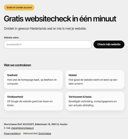 Websitechecker: de startpagina met de kop Gratis websitecheck in één minuut en een veld om je website-adres in te vullen